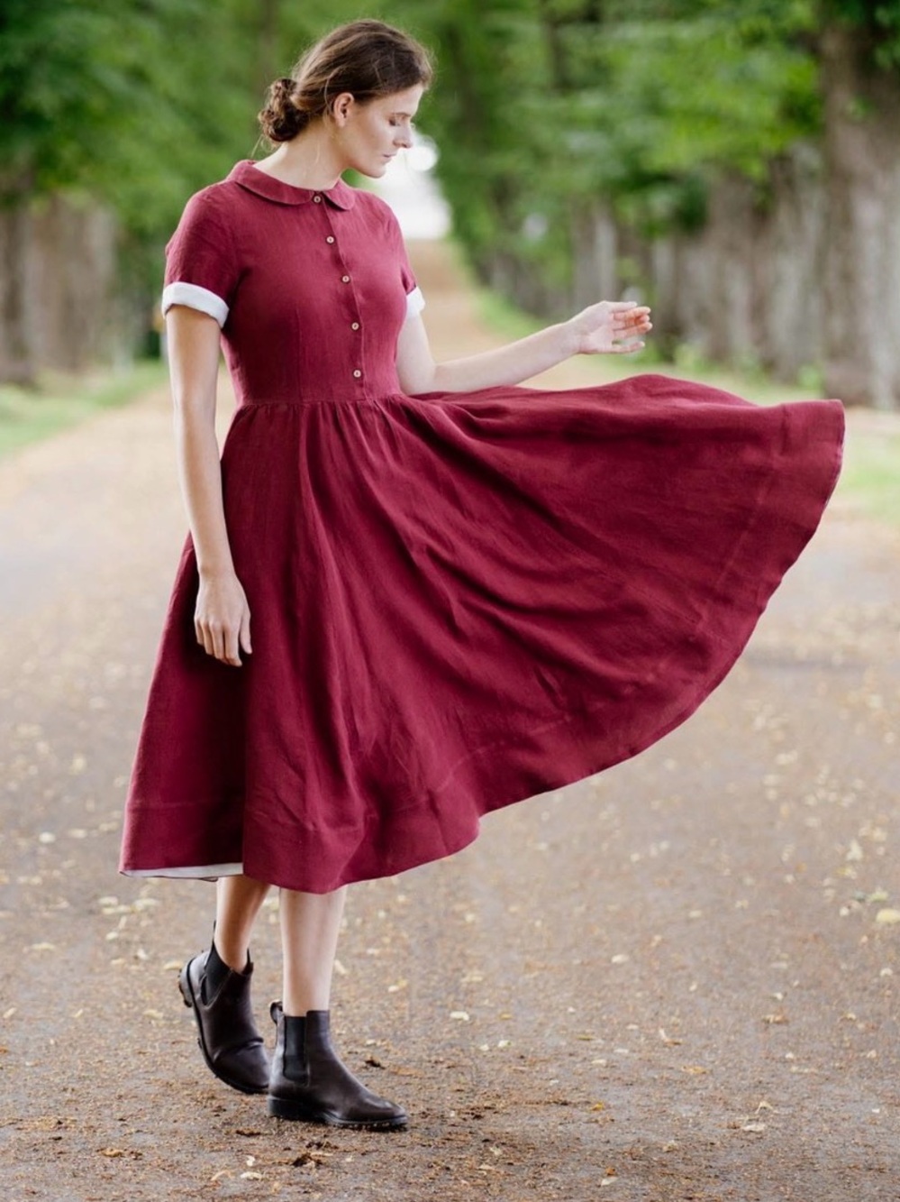 Son de Flor Red Peter Pan Collar Button Front Classic Dress size XS Cherry Red